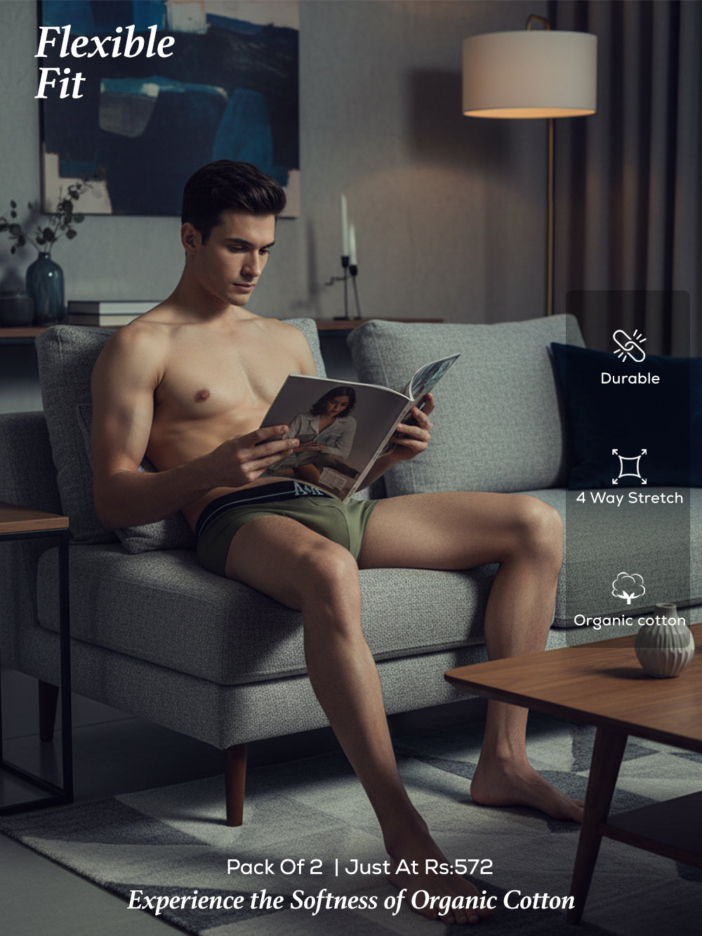 Olive Green and Magenta Organic Cotton Super Stretch Brief Outer Elastic Waistband - Pack of 2