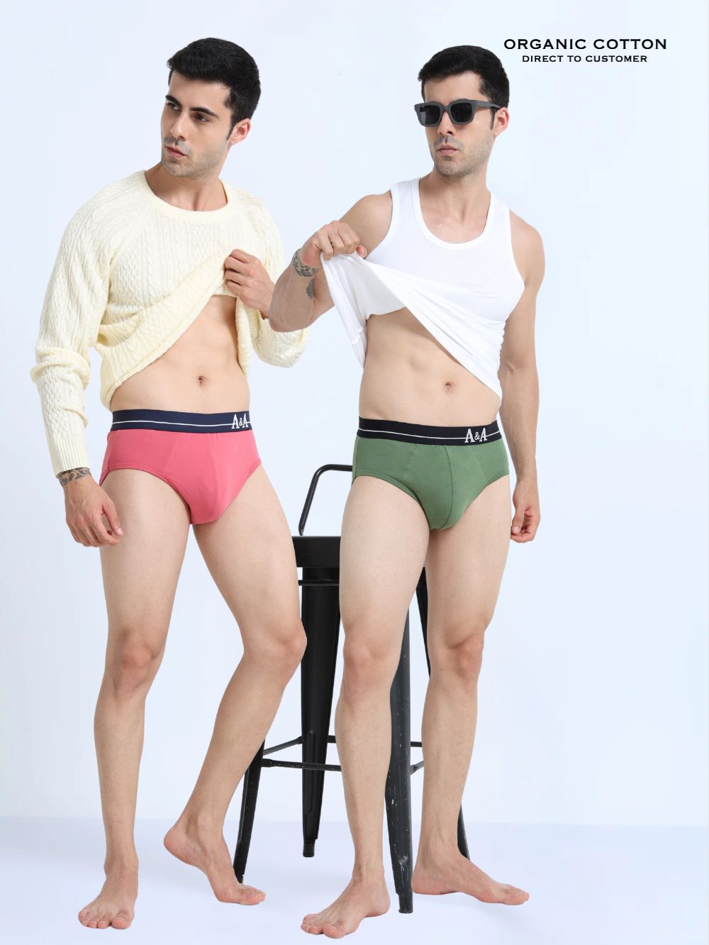 Olive Green and Magenta Organic Cotton Super Stretch Brief Outer Elastic Waistband - Pack of 2