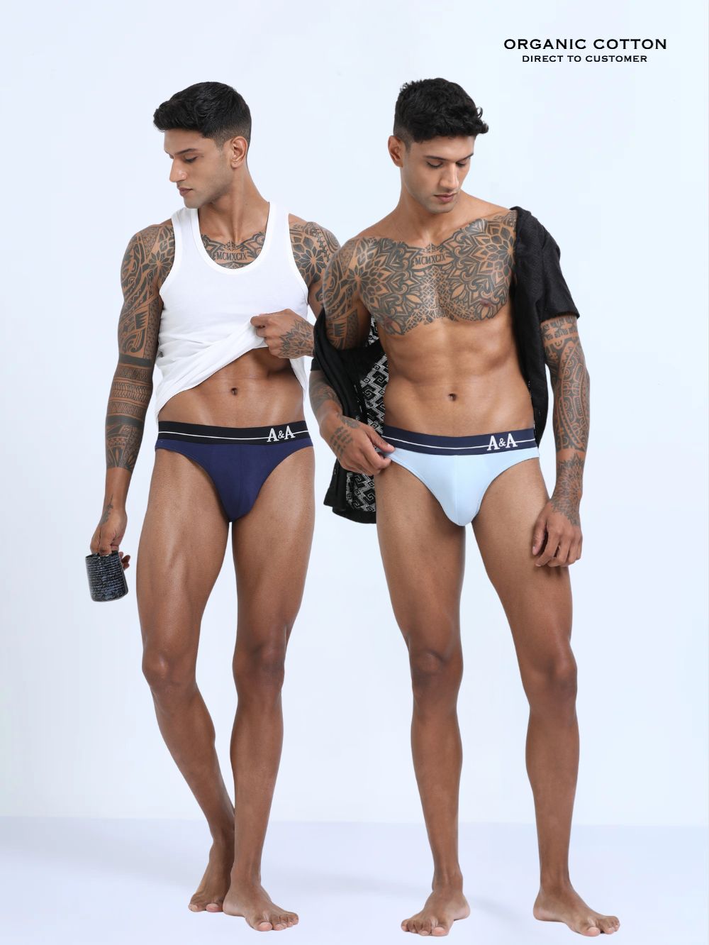 Medieval Blue and Light Blue Organic Cotton Bikini Brief With Outer Elastic Waistband - Pack of 2