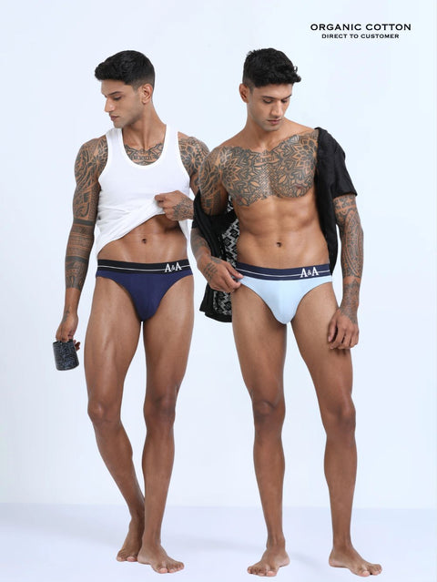 Medieval Blue and Light Blue Organic Cotton Bikini Brief With Outer Elastic Waistband - Pack of 2