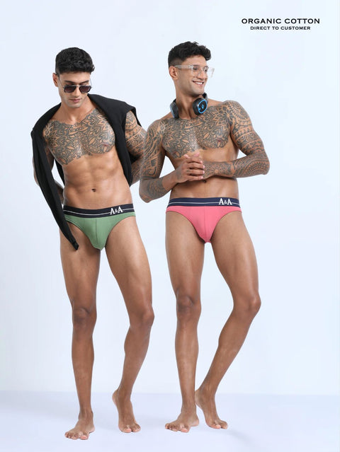 Olive Green and Magenta Organic Cotton Bikini Brief With Outer Elastic Waistband - Pack of 2