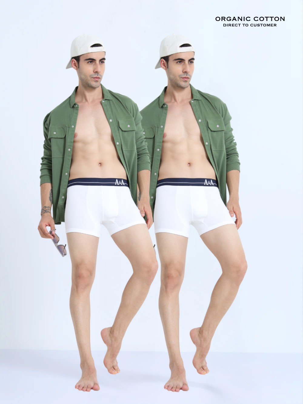 White and White Organic Cotton super stretch Trunk with Outer Elastic Regular Length Waistband - Pack of 2