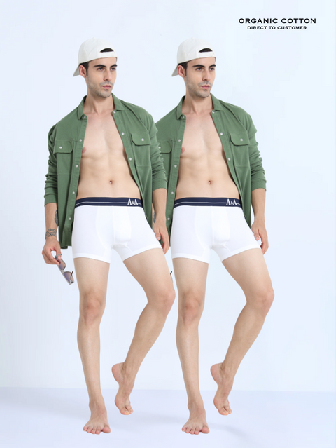 White and White Organic Cotton super stretch Trunk with Outer Elastic Regular Length Waistband - Pack of 2