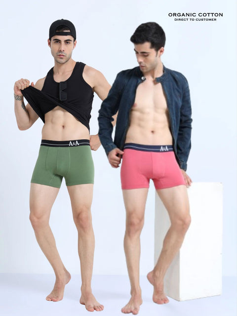 Olive Green and Magenta Organic Cotton super stretch Trunk with Outer Elastic Regular Length Waistband - Pack of 2