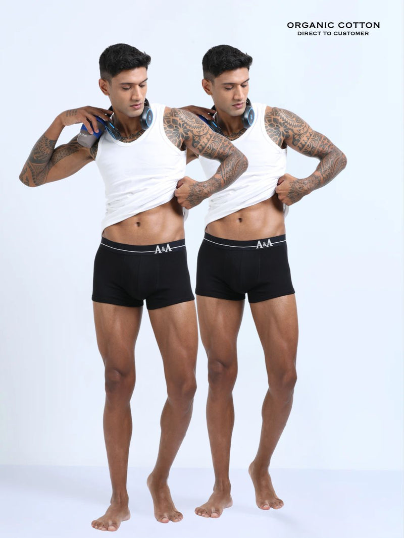 Black and Black Organic Cotton super stretch Trunk with Outer Elastic Short Length Waistband - Pack of 2