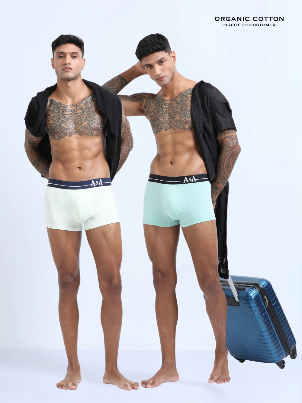 Canary Green and Aqua Organic Cotton super stretch Trunk with Outer Elastic Short Length Waistband - Pack of 2