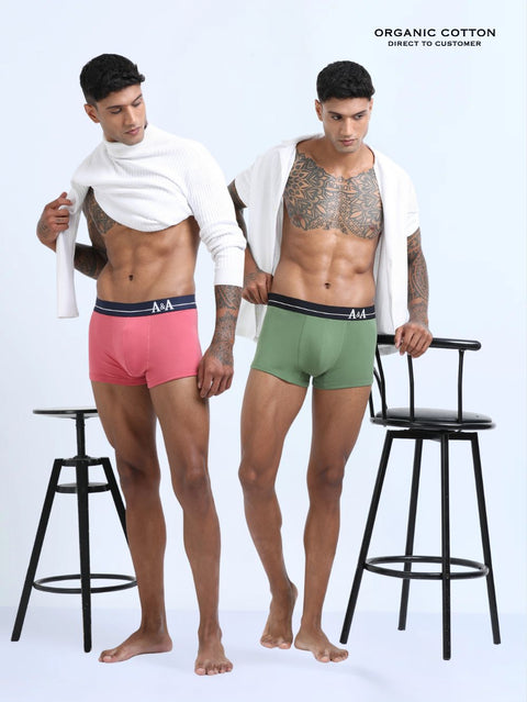 Olive Green and Magenta Organic Cotton super stretch Trunk with Outer Elastic Short Length Waistband - Pack of 2
