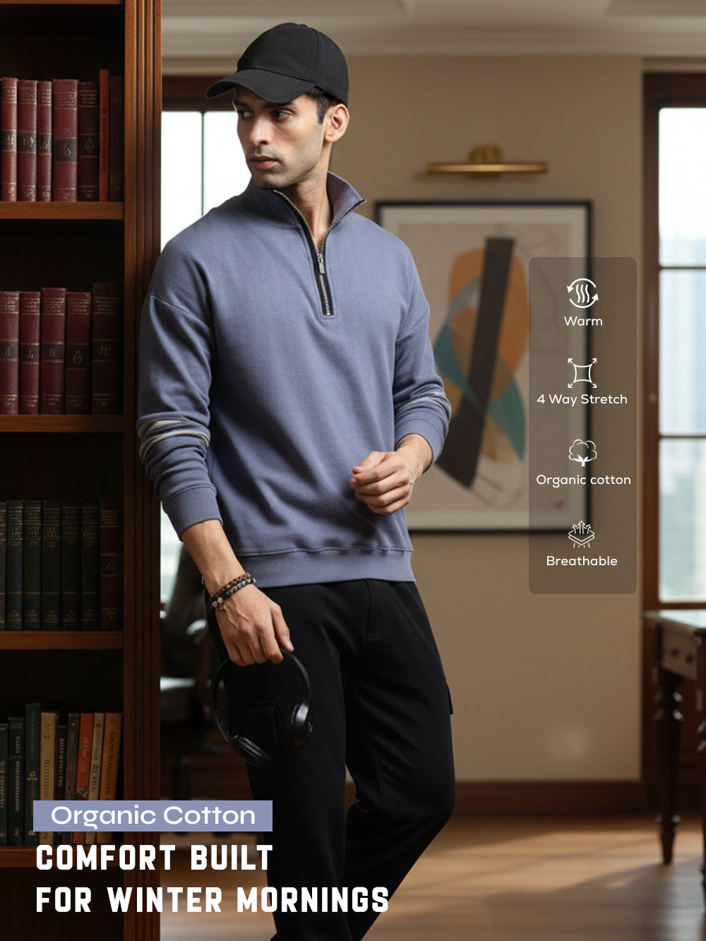 Blueish Grey A & A Mens Organic Cotton Zip-Neck Pullover