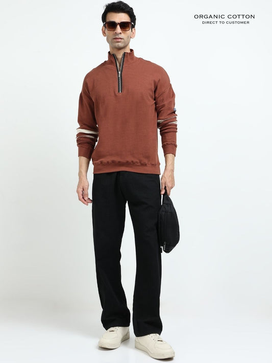 Brown A & A Mens Organic Cotton Zip-Neck Pullover