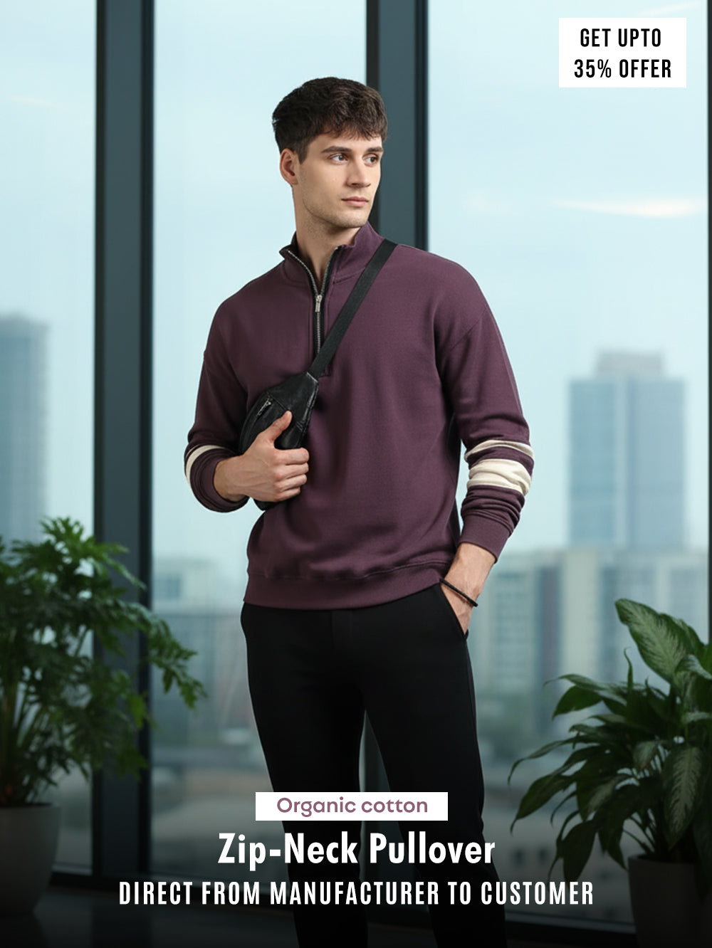 Wine A & A Mens Organic Cotton Zip-Neck Pullover