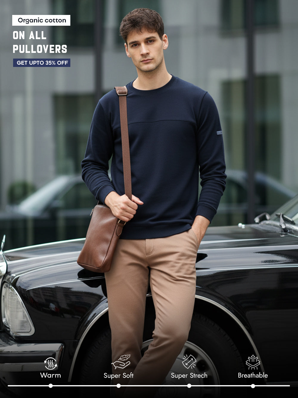 Navy A & A Mens Organic Cotton Solid Crew Neck Pullover