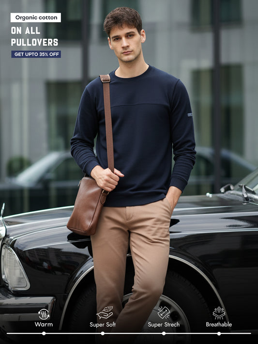 Navy A & A Mens Organic Cotton Solid Crew Neck Pullover