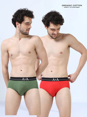Red and Vineyard Green Organic Cotton Super Stretch Brief With Outer Elastic Waistband - Pack of 2