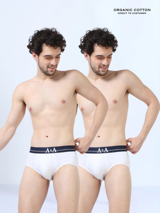 White and White Organic Cotton Super Stretch Brief Outer Elastic Waistband - Pack of 2