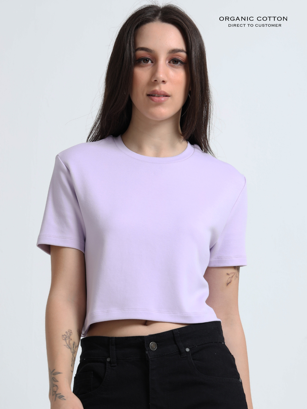 Orchid Petal Round Neck Organic Cotton Crop Tee with Short Sleeves