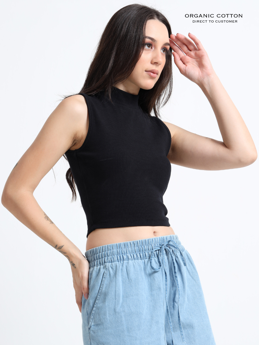 BLACK ORGANIC COTTON RIB SLEEVE LESS HIGH NECK FITTED CROP TOP