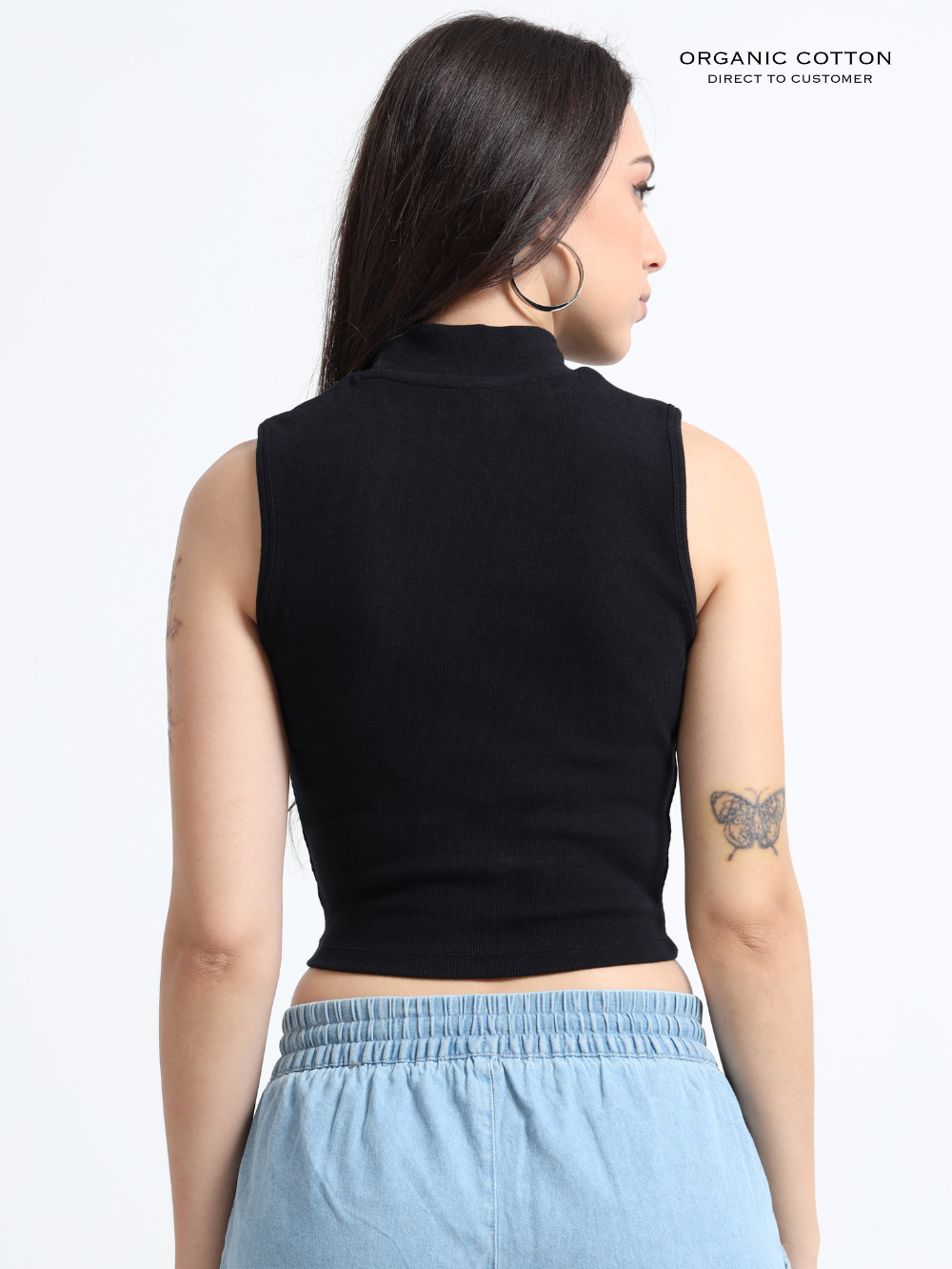 BLACK ORGANIC COTTON RIB SLEEVE LESS HIGH NECK FITTED CROP TOP