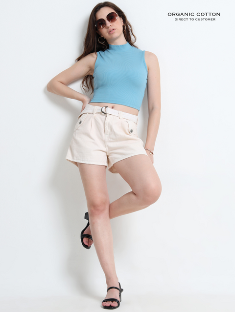 DELPHINIUM BLUE ORGANIC COTTON RIB SLEEVE LESS HIGH NECK FITTED CROP TOP