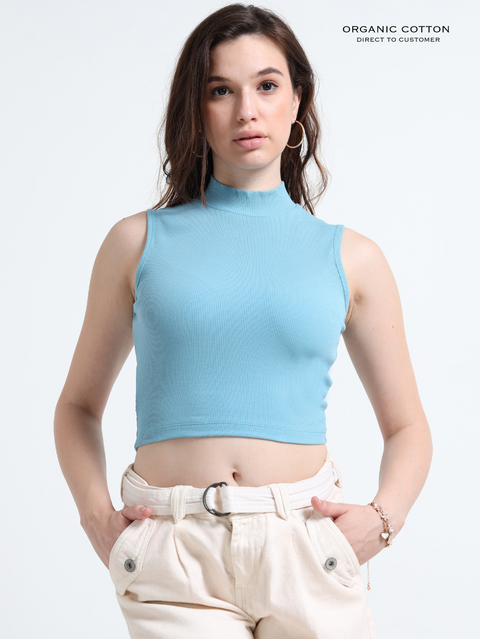 DELPHINIUM BLUE ORGANIC COTTON RIB SLEEVE LESS HIGH NECK FITTED CROP TOP