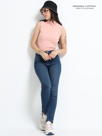 EVENING SAND ORGANIC COTTON RIB SLEEVE LESS HIGH NECK FITTED CROP TOP