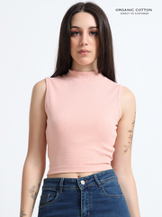 EVENING SAND ORGANIC COTTON RIB SLEEVE LESS HIGH NECK FITTED CROP TOP