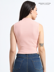 EVENING SAND ORGANIC COTTON RIB SLEEVE LESS HIGH NECK FITTED CROP TOP