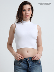 WHITE ORGANIC COTTON RIB SLEEVE LESS HIGH NECK FITTED CROP TOP