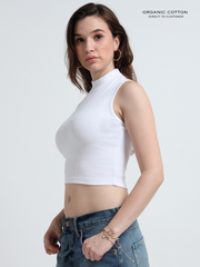 WHITE ORGANIC COTTON RIB SLEEVE LESS HIGH NECK FITTED CROP TOP