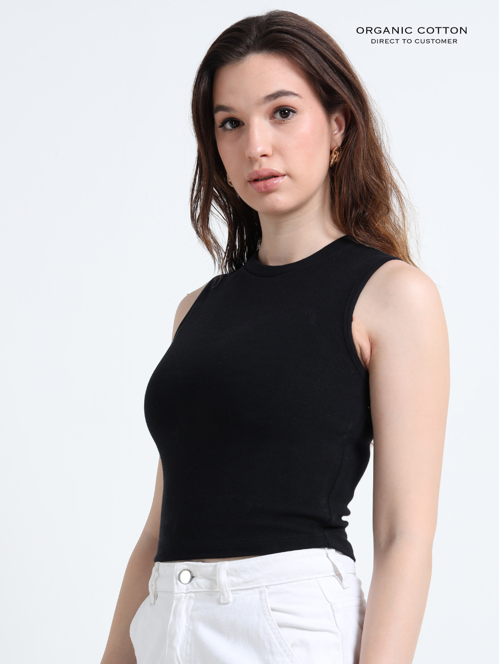 BLACK ORGANIC COTTON RIB SLEEVE LESS ROUND NECK FITTED CROP TOP