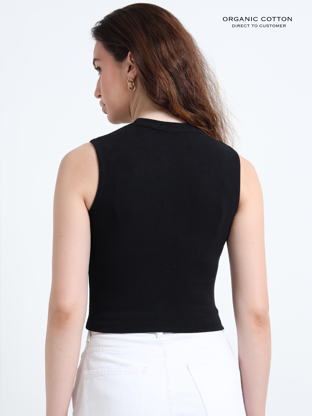 BLACK ORGANIC COTTON RIB SLEEVE LESS ROUND NECK FITTED CROP TOP
