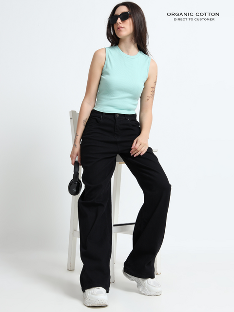 CAMEO GREEN ORGANIC COTTON RIB SLEEVE LESS ROUND NECK FITTED CROP TOP
