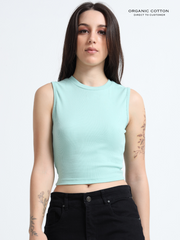 CAMEO GREEN ORGANIC COTTON RIB SLEEVE LESS ROUND NECK FITTED CROP TOP