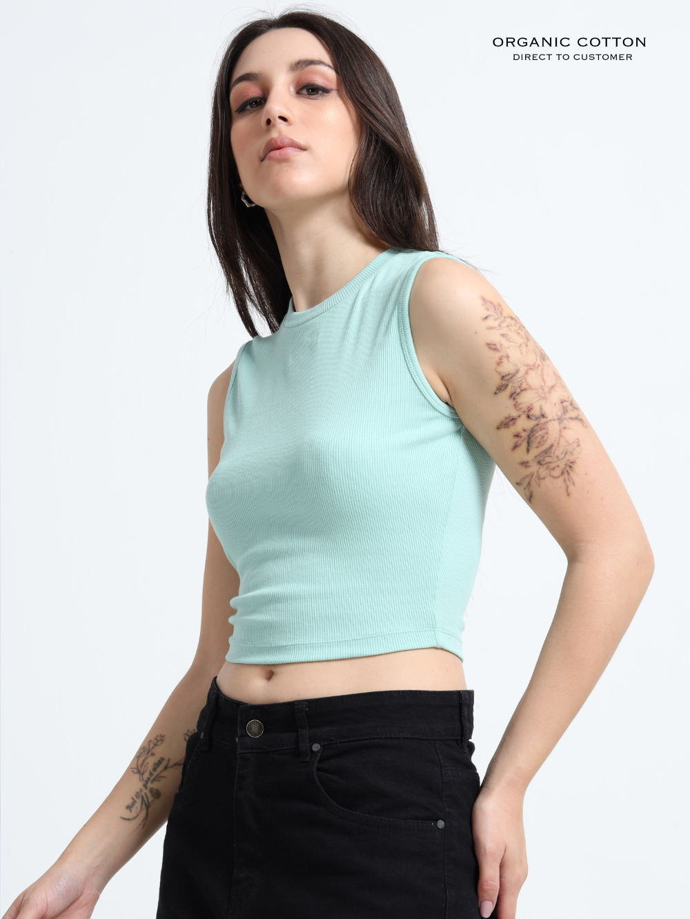 CAMEO GREEN ORGANIC COTTON RIB SLEEVE LESS ROUND NECK FITTED CROP TOP