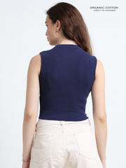 MEDEIVAL BLUE ORGANIC COTTON RIB SLEEVE LESS ROUND NECK FITTED CROP TOP