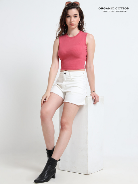 MAGENTA ORGANIC COTTON RIB SLEEVE LESS ROUND NECK FITTED CROP TOP