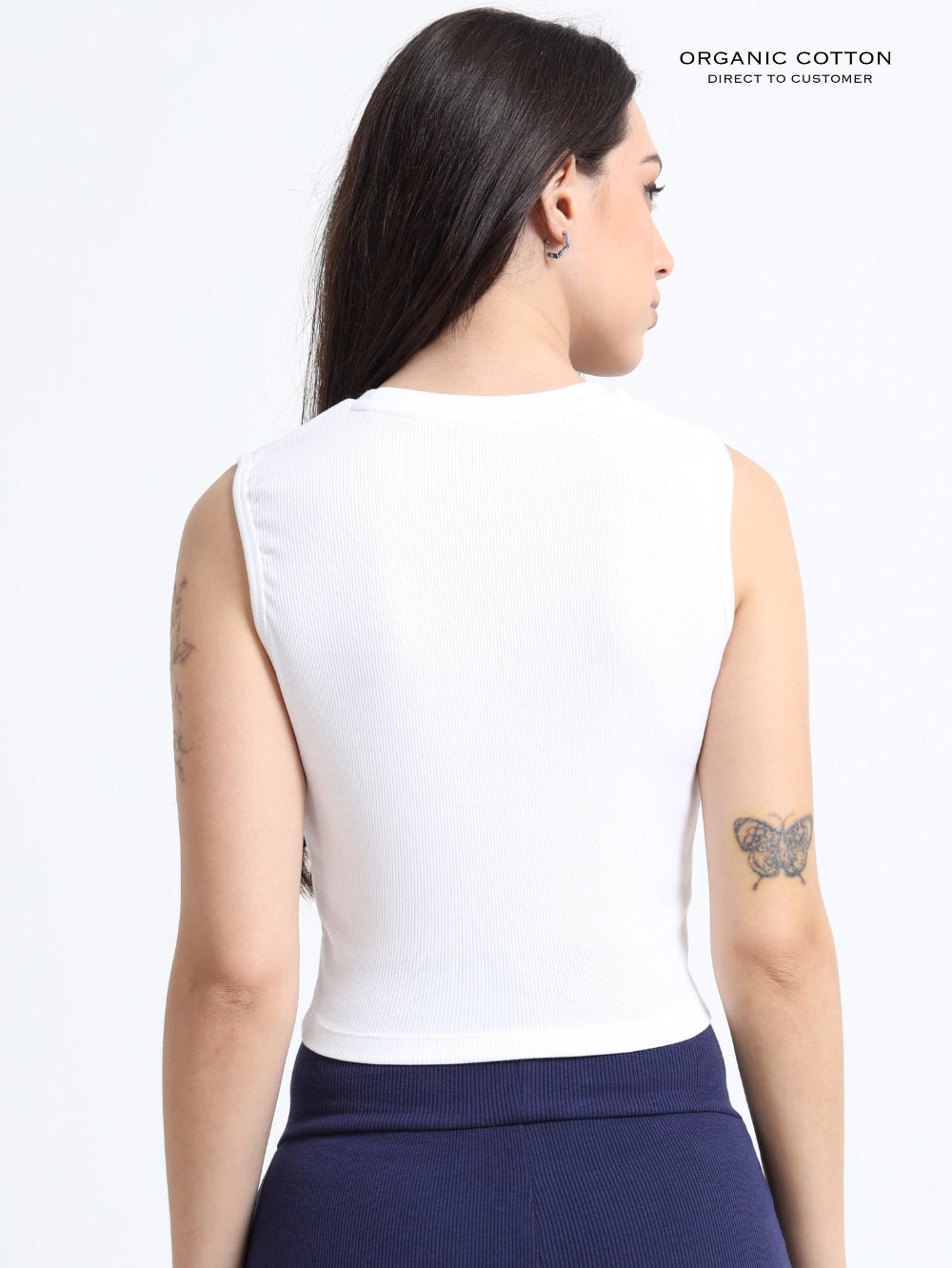 WHITE ORGANIC COTTON RIB SLEEVE LESS ROUND NECK FITTED CROP TOP