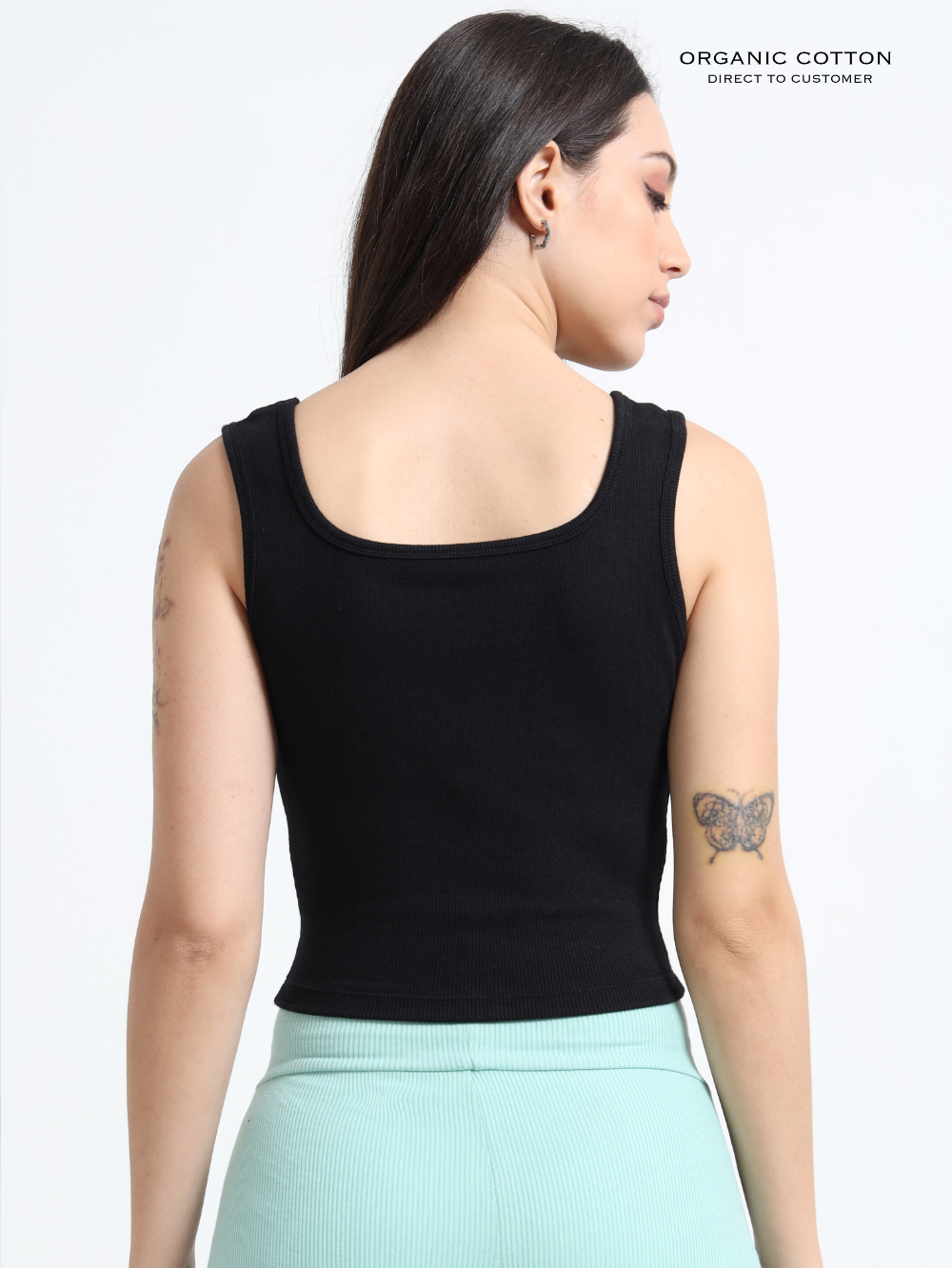 BLACK ORGANIC COTTON RIB SLEEVELESS SQUARE NECK FITTED CROP TOP