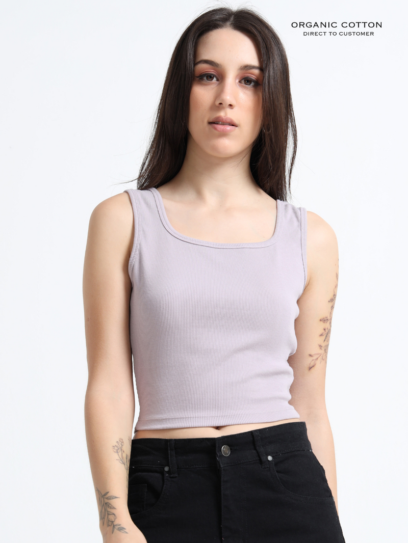 GULL GREY ORGANIC COTTON RIB SLEEVELESS SQUARE NECK FITTED CROP TOP