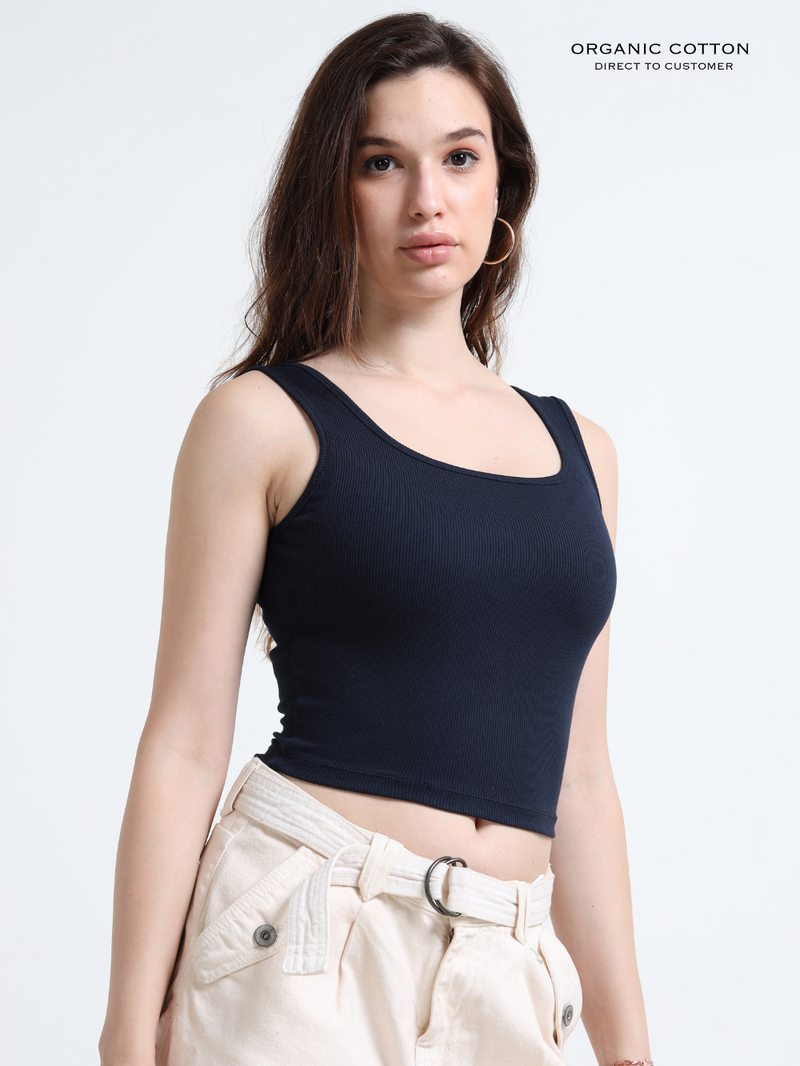 MEDEIVAL BLUE ORGANIC COTTON RIB SLEEVELESS SQUARE NECK FITTED CROP TOP