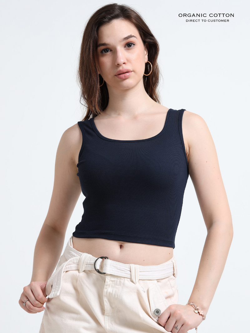 MEDEIVAL BLUE ORGANIC COTTON RIB SLEEVELESS SQUARE NECK FITTED CROP TOP