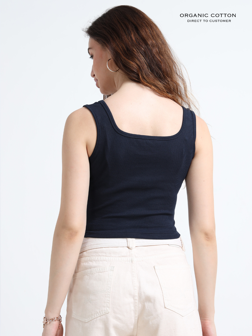 MEDEIVAL BLUE ORGANIC COTTON RIB SLEEVELESS SQUARE NECK FITTED CROP TOP