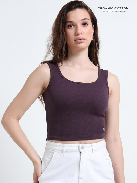 WINE ORGANIC COTTON RIB SLEEVELESS SQUARE NECK FITTED CROP TOP