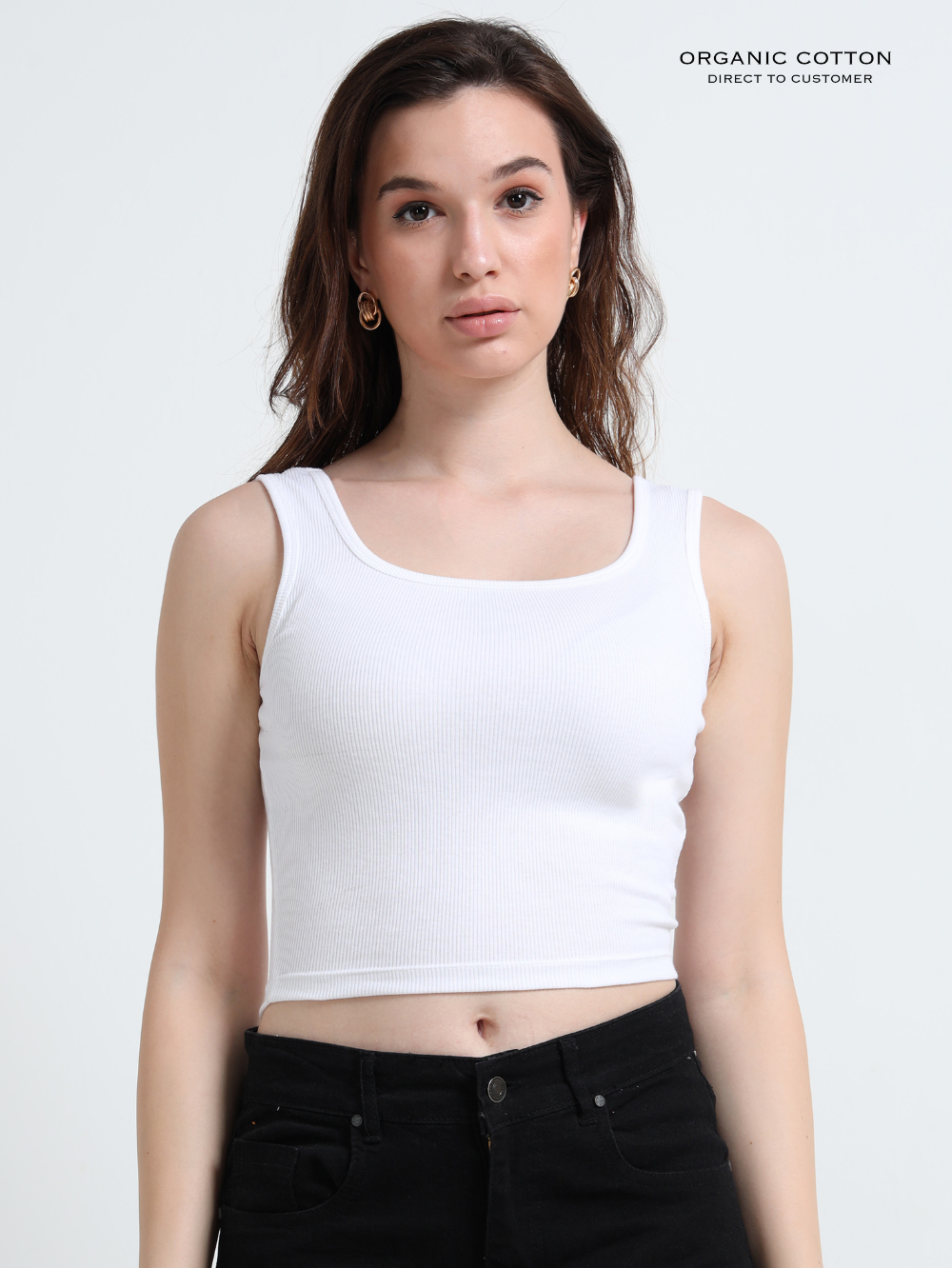 WHITE ORGANIC COTTON RIB SLEEVELESS SQUARE NECK FITTED CROP TOP