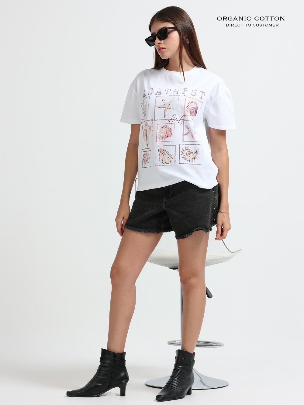 Womens Organic Cotton Oversized T-Shirt with Coastal Seashell Graphic Print – White