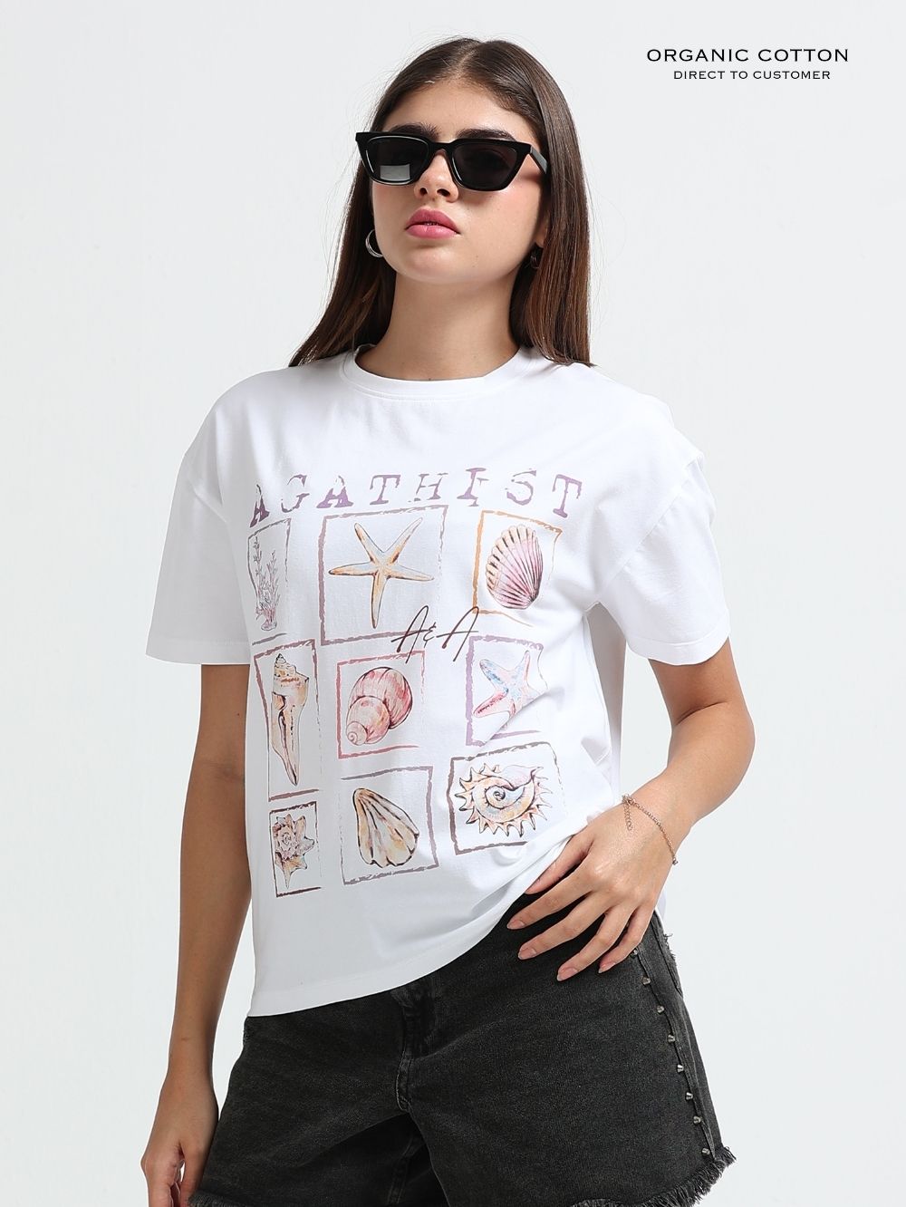 Womens Organic Cotton Oversized T-Shirt with Coastal Seashell Graphic Print – White