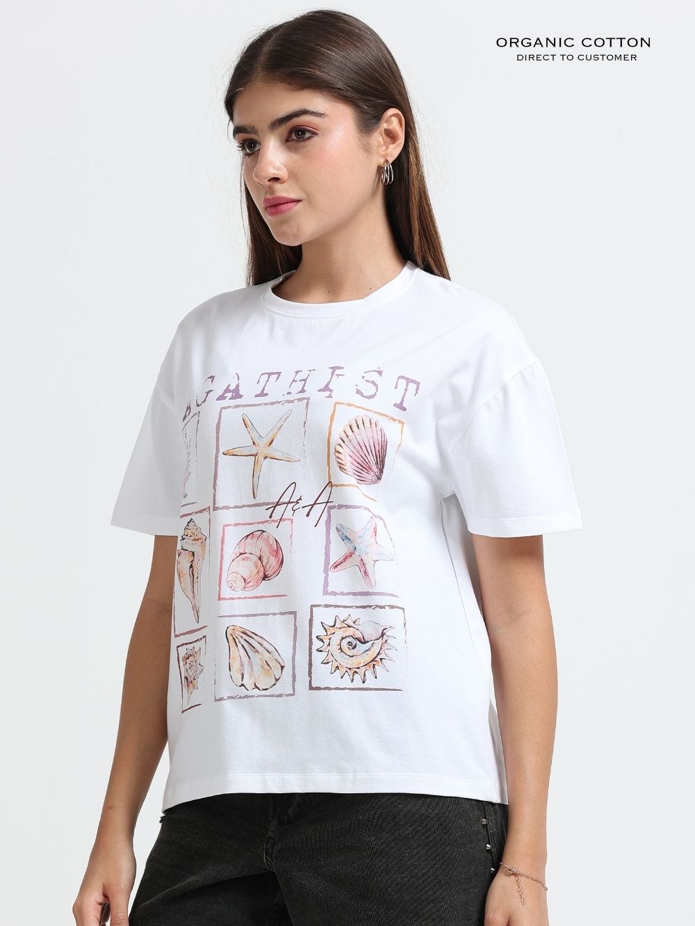 Womens Organic Cotton Oversized T-Shirt with Coastal Seashell Graphic Print – White