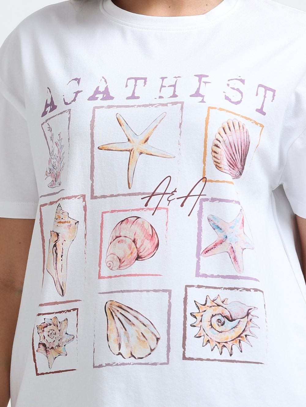 Womens Organic Cotton Oversized T-Shirt with Coastal Seashell Graphic Print – White