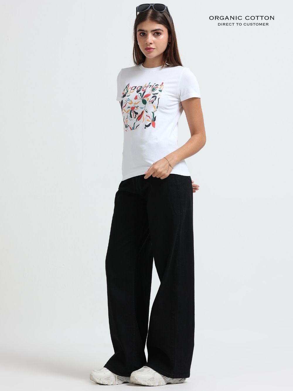 Womens Organic Cotton Abstract Blossom Graphic Printed T-Shirt - White