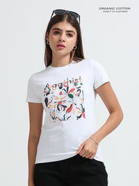 Womens Organic Cotton Abstract Blossom Graphic Printed T-Shirt - White