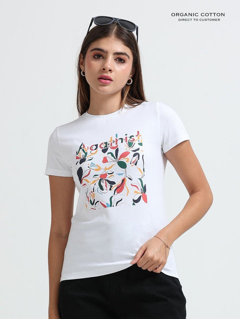 Womens Multicolor Botanical Print Organic Cotton T-Shirt – White